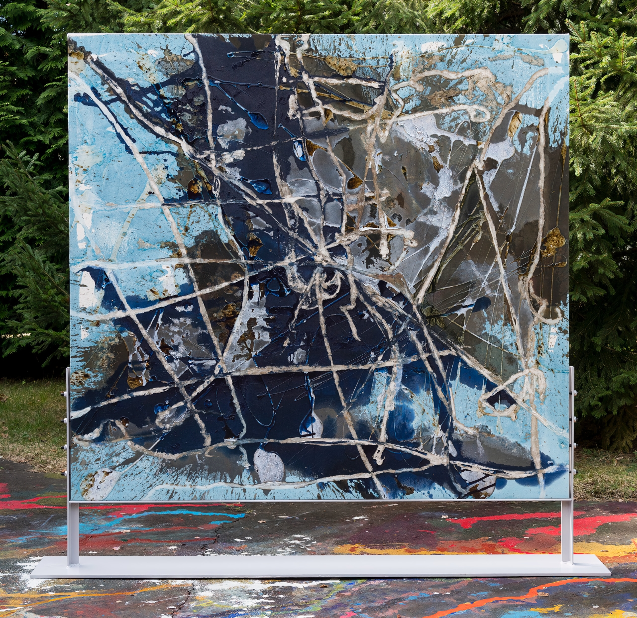 75×80 inches, acrylic paint and acrylic mediums on canvas with a painted steel stand.