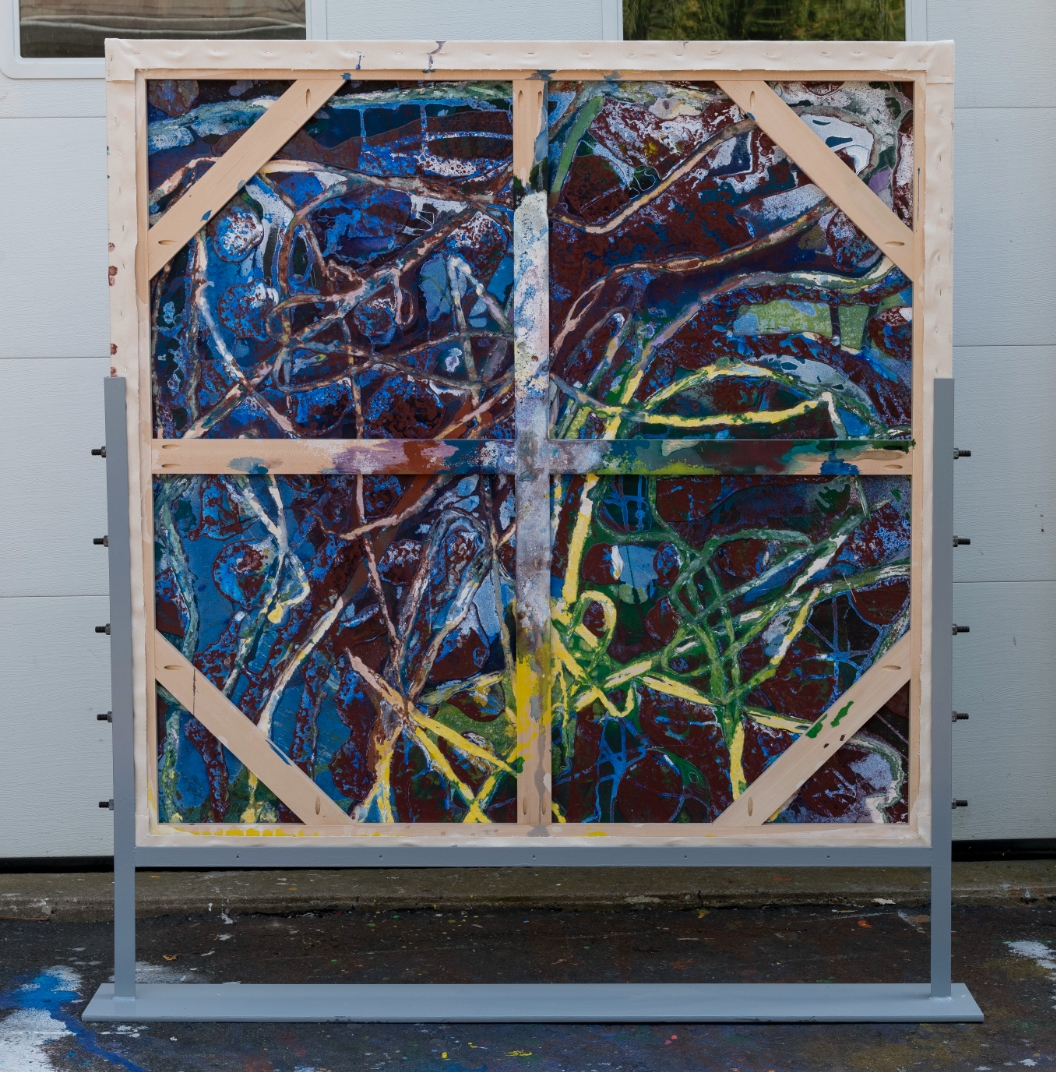 60×61 inches, acrylic on canvas, two-sided work.